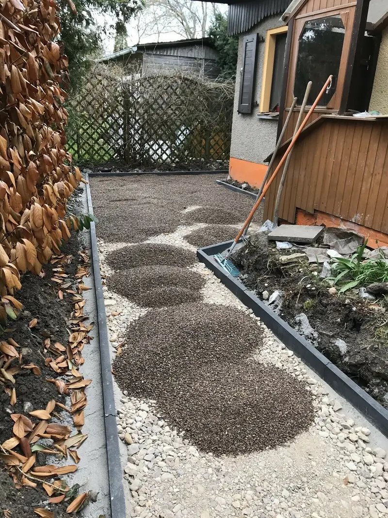 Kiesweg mit runden Trittflächen und Metallkante neben dem Haus